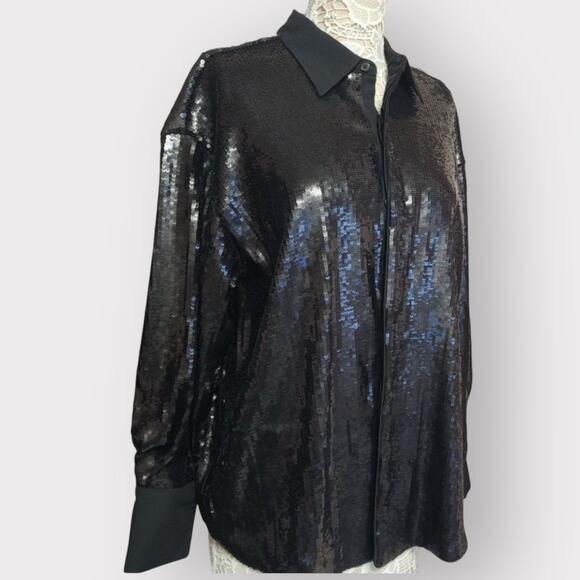 Future Collective Black Sequin Kahlana Barfield Brown Button Down Shirt 2X NWT - Picture 4 of 13
